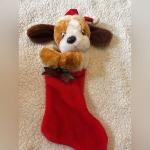 Vintage 3D stuffed Plush Tacky Dog Christmas Stocking Red